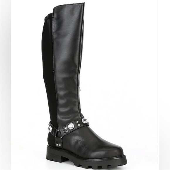 KARL LAGERFELD PARIS MILLA LEATHER RHINESTONE EMBELLISHED RIDING BOOTS - Picture 1 of 12